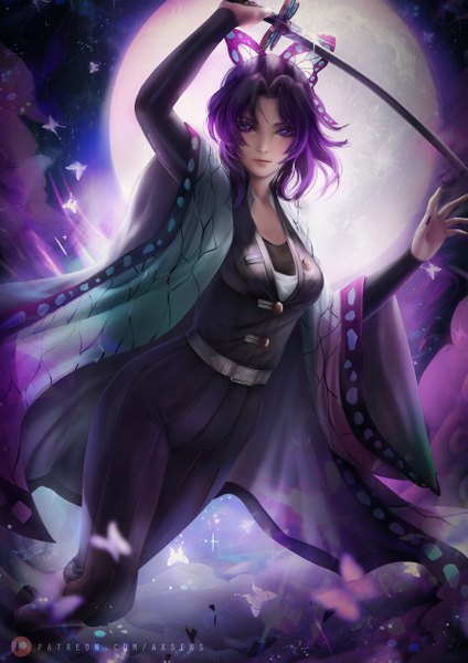 Anime picture 3532x5000 with kimetsu no yaiba ufotable kochou shinobu axsen single tall image looking at viewer fringe highres short hair breasts black hair standing purple eyes holding signed payot absurdres purple hair cloud (clouds)