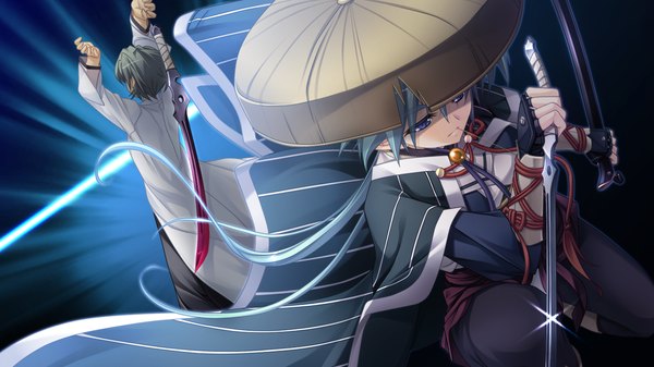Anime picture 1280x720 with appare! tenka gomen katagiri hinata long hair blue eyes wide image blue hair game cg traditional clothes girl boy weapon hat sword