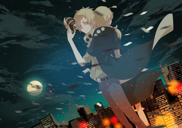 Anime picture 1500x1059 with kagerou project shaft (studio) kano shuuya hoshima long hair blush short hair blonde hair smile red eyes sky cloud (clouds) night night sky city back to back city lights girl dress boy