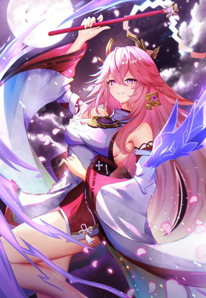 Anime picture 1653x2390 with genshin impact yae miko gao kawa single long hair tall image fringe hair between eyes purple eyes pink hair traditional clothes japanese clothes arm up nontraditional miko girl detached sleeves earrings moon full moon gohei