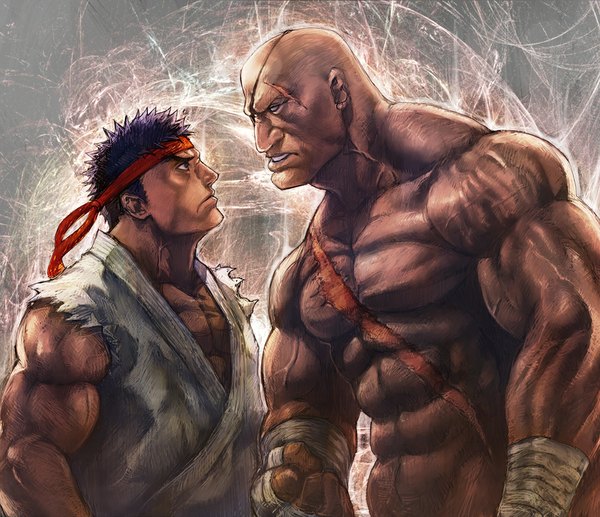 Аниме картинка 1000x863 с street fighter ryu (street fighter) sagat boyaking(sbf) короткие волосы чёрные волосы профиль шрам мускул лицом к лицу лысый мужчина повязка на волосы бинт (бинты)