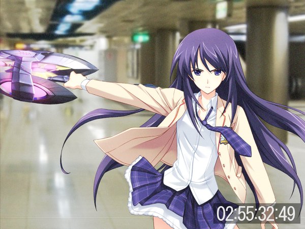 Anime picture 1280x960 with chaos;head aoi sena long hair black hair skirt sword serafuku