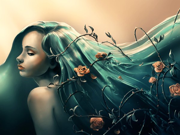 Anime picture 1350x1013 with original aquasixio (artist) single blue eyes bare shoulders very long hair profile realistic aqua hair lipstick abstract orange lipstick girl flower (flowers) water sea rose (roses)