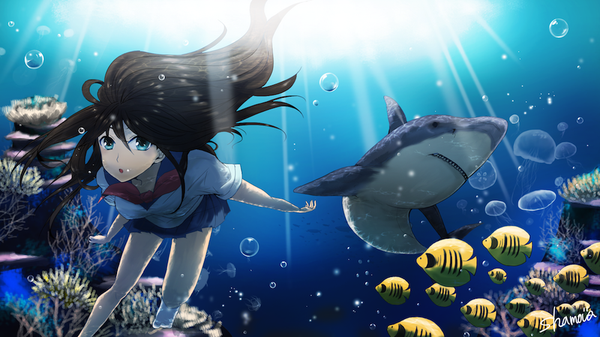 Anime-Bild 1000x562 mit original shamova miki single long hair fringe breasts open mouth blue eyes black hair hair between eyes wide image signed payot looking away full body pleated skirt sunlight blurry :o short sleeves