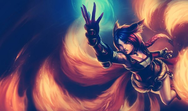 Anime picture 1164x687 with league of legends ahri (league of legends) single long hair highres breasts black hair wide image animal ears braid (braids) single braid facial mark fox tail multiple tails whisker markings girl gloves fire