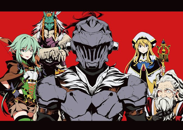 Anime picture 1800x1280 with goblin slayer! white fox high elf archer (goblin slayer!) goblin slayer priestess (goblin slayer!) lizard priest (goblin slayer!) dwarf shaman (goblin slayer!) long hair looking at viewer fringe highres blue eyes simple background smile hair between eyes multiple girls green eyes ponytail one eye closed pointy ears