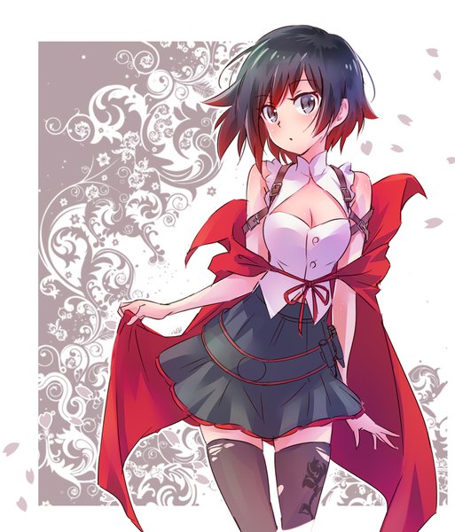 Anime picture 1280x1496 with rwby rooster teeth ruby rose iesupa single tall image looking at viewer short hair breasts black hair simple background multicolored hair off shoulder two-tone hair grey eyes sleeveless gradient hair cleavage cutout floral background outline