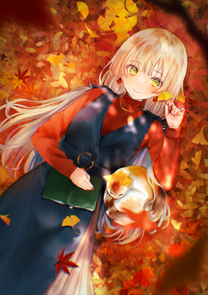 Anime picture 2597x3672 with original nagi (pickles pipipi) single long hair tall image looking at viewer fringe highres blonde hair smile twintails holding green eyes lying nail polish on back dutch angle low twintails autumn girl