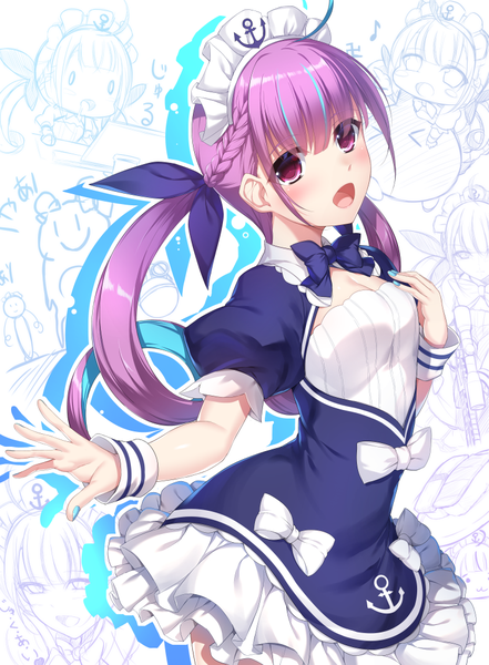 Anime picture 748x1017 with virtual youtuber hololive minato aqua minato aqua (1st costume) minamon (vittel221) single long hair tall image looking at viewer blush fringe open mouth smile hair between eyes standing purple eyes twintails payot cleavage purple hair