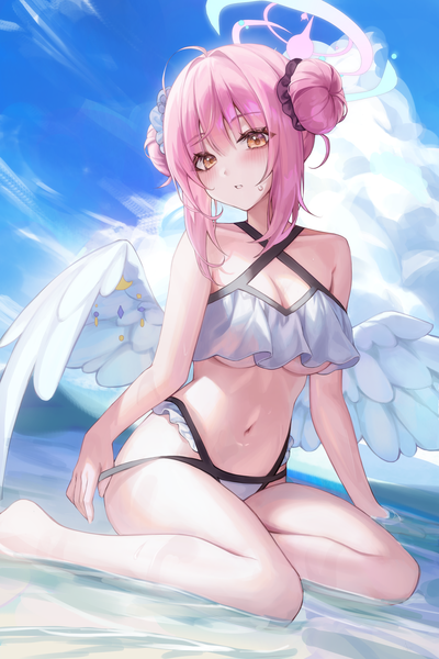 Anime picture 2731x4096 with blue archive mika (blue archive) iyu (1yu x) single tall image looking at viewer blush fringe highres short hair breasts light erotic hair between eyes large breasts sitting yellow eyes pink hair sky cleavage cloud (clouds)
