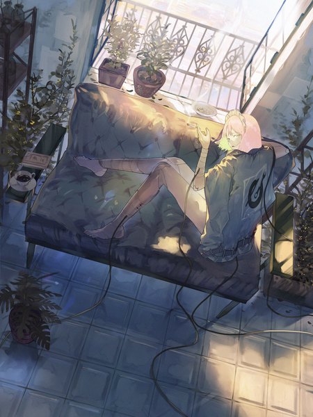 Anime picture 1499x2000 with original kurohal single tall image looking at viewer short hair sitting green eyes pink hair full body indoors looking back from above smoke clothes on shoulders girl plant (plants) jacket headdress window