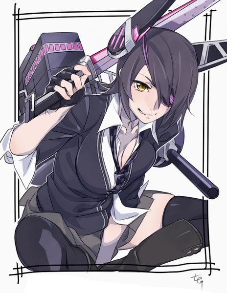 Anime picture 1000x1292 with kantai collection tenryuu light cruiser nana g single tall image looking at viewer short hair breasts smile large breasts sitting yellow eyes framed girl thighhighs skirt gloves weapon black thighhighs miniskirt
