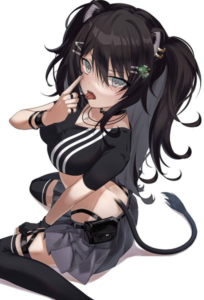 Anime picture 1664x2448 with virtual youtuber hololive shishiro botan ssrb (shishiro botan) eto sister single long hair tall image black hair simple background white background sitting animal ears tail animal tail pleated skirt from above grey eyes two side up wariza