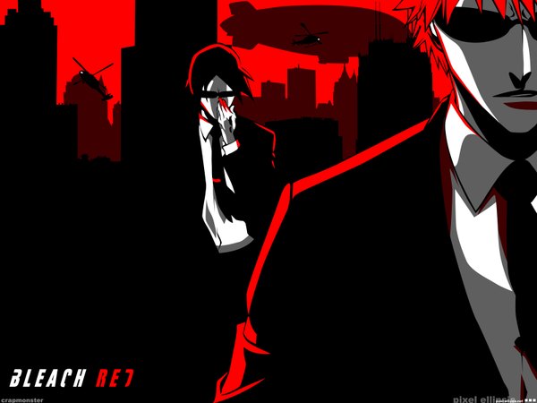 Anime picture 1600x1200 with bleach studio pierrot kurosaki ichigo ishida uryuu short hair black hair red hair city polychromatic high contrast boy necktie sunglasses aircraft helicopter dirigible