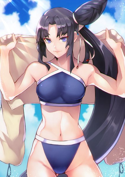 Anime picture 1058x1500 with fate (series) fate/grand order ushiwakamaru (fate) ushiwakamaru (swimsuit assassin) (fate) yoshio (55level) single tall image looking at viewer light erotic black hair purple eyes payot sky cloud (clouds) very long hair hair bun (hair buns) side ponytail ass visible through thighs girl swimsuit