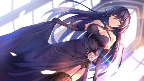 Anime picture 2100x1181 with date a live yatogami tooka feng mouren single long hair looking at viewer fringe highres breasts light erotic black hair hair between eyes wide image standing purple eyes bare shoulders cleavage from below dutch angle lens flare