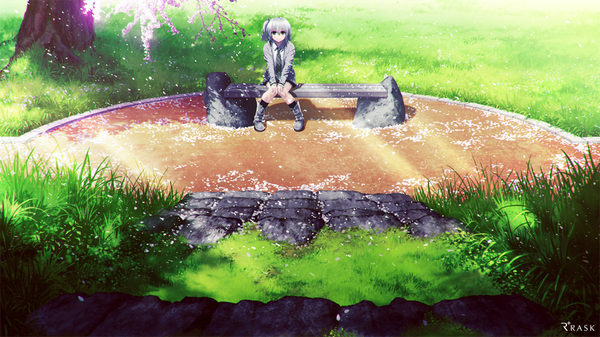 Anime picture 1000x562 with re:lief ~shin'ai naru anata e~ mocha (cotton) single looking at viewer fringe hair between eyes wide image sitting outdoors grey hair sunlight grey eyes side ponytail sunbeam girl uniform plant (plants) school uniform petals tree (trees)