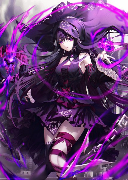 Anime picture 1069x1500 with original andi 1021 single long hair tall image looking at viewer fringe hair between eyes standing purple eyes bare shoulders holding purple hair outdoors long sleeves nail polish wide sleeves sparkle outstretched arm magic