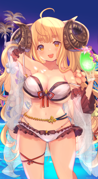 Anime-Bild 1100x2000 mit granblue fantasy anila (granblue fantasy) marekamico single long hair tall image looking at viewer breasts open mouth light erotic blonde hair large breasts standing yellow eyes ahoge :d horn (horns) underboob eyebrows draph