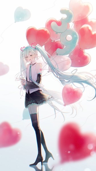 Anime picture 1000x1778 with vocaloid hatsune miku necojishi single tall image open mouth twintails looking away full body very long hair :d aqua eyes aqua hair high heels 39 girl thighhighs skirt black thighhighs detached sleeves