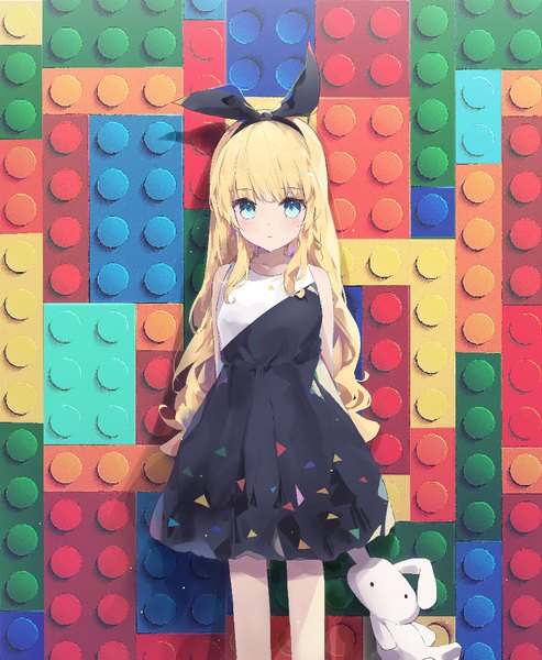 Anime picture 860x1046 with original lego tr (hareru) single long hair tall image looking at viewer fringe blue eyes blonde hair hair between eyes standing holding payot sleeveless hands behind back girl dress bow hair bow