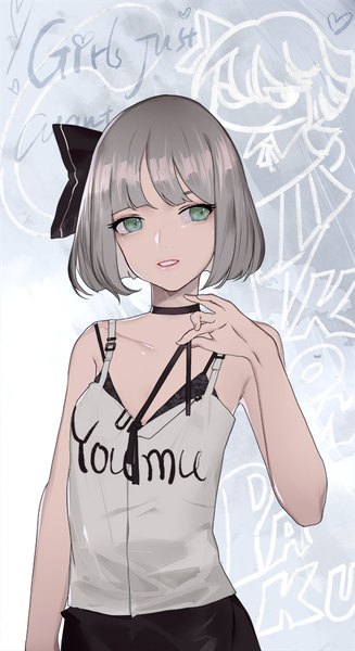 Anime picture 545x1000 with touhou konpaku youmu hillly (maiwetea) single tall image short hair light erotic holding green eyes looking away silver hair upper body alternate costume sleeveless character names girl bow hair bow choker lingerie