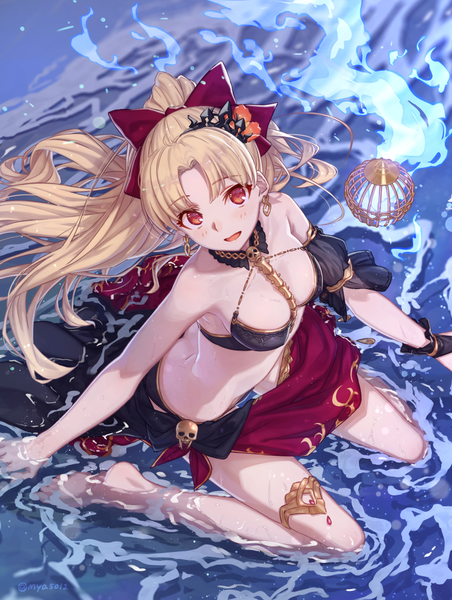 Anime picture 743x986 with fate (series) fate/grand order ereshkigal (fate) m-ya single long hair tall image looking at viewer blush fringe breasts open mouth light erotic blonde hair red eyes sitting signed full body ponytail head tilt