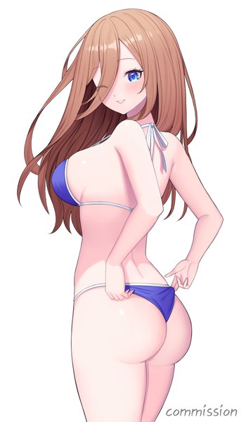 Anime picture 2050x3508 with go-toubun no hanayome nakano miku yuri (chocho q) single long hair tall image looking at viewer fringe highres breasts blue eyes light erotic simple background smile hair between eyes brown hair large breasts standing white background ass
