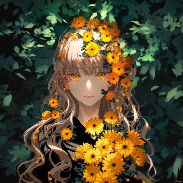 Anime picture 4000x4000 with original champi single long hair looking at viewer fringe highres blonde hair absurdres upper body hair flower orange eyes tears girl flower (flowers) bouquet bushes