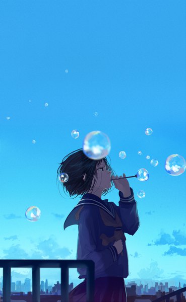 Anime picture 1538x2500 with original mifuru single tall image short hair black hair looking away sky cloud (clouds) outdoors long sleeves profile pleated skirt black eyes city cityscape girl skirt uniform school uniform