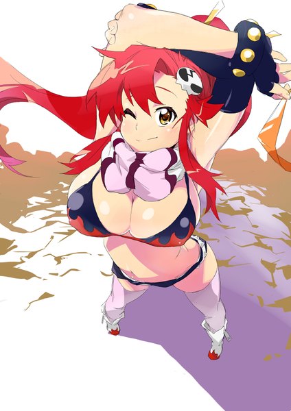Anime picture 2893x4092 with tengen toppa gurren lagann gainax yoko littner tami shichi single long hair tall image looking at viewer blush highres breasts light erotic simple background smile large breasts red hair one eye closed wink orange eyes arms behind head