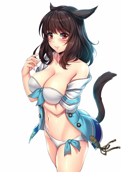 Anime picture 565x800 with final fantasy final fantasy xiv square enix miqo'te aruma jiki single tall image looking at viewer blush fringe short hair breasts light erotic smile red eyes brown hair standing animal ears tail animal tail