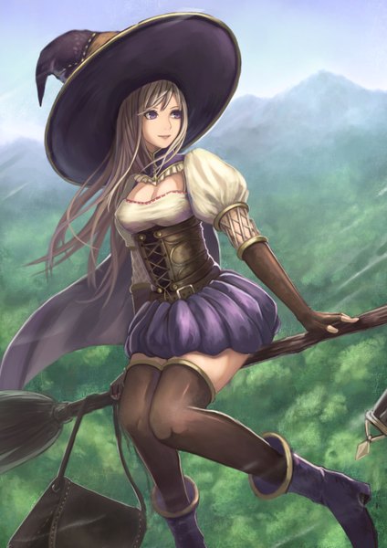 Anime picture 992x1403 with original yazuwo single long hair tall image purple eyes looking away white hair mountain witch girl thighhighs dress black thighhighs hat boots witch hat broom