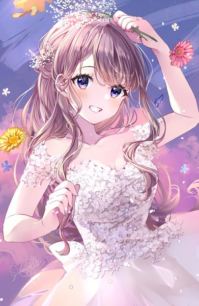 Anime picture 1245x1909 with original puracotte single long hair tall image looking at viewer blush fringe smile hair between eyes brown hair purple eyes holding signed cleavage arm up hair flower off shoulder grin wavy hair