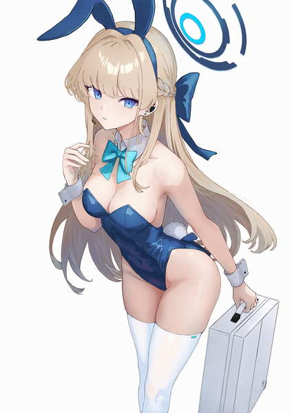 Anime-Bild 1500x2125 mit blue archive toki (blue archive) toki (bunny) (blue archive) herfstijl single long hair tall image looking at viewer fringe breasts blue eyes light erotic simple background blonde hair large breasts white background bare shoulders holding animal ears cleavage