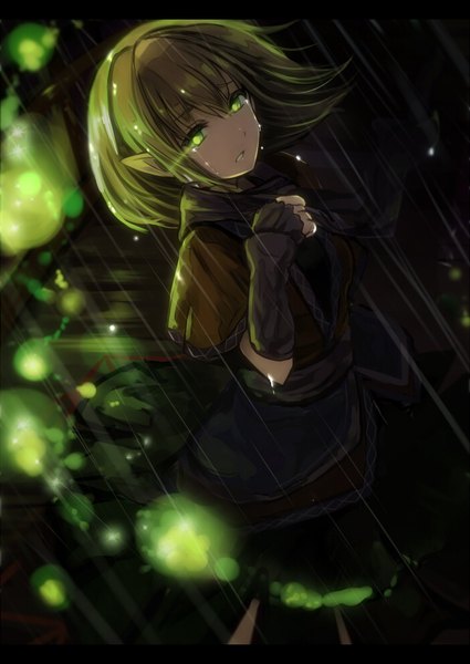 Anime picture 700x989 with touhou mizuhashi parsee nakaichi (ridil) single tall image looking at viewer fringe short hair simple background hair between eyes standing green eyes payot outdoors parted lips green hair from above wind pointy ears night