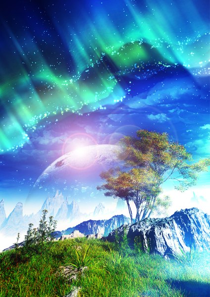 Anime picture 1060x1500 with original y-k tall image cloud (clouds) lens flare no people landscape fantasy scenic 3d aurora borealis plant (plants) tree (trees) star (stars) grass stone (stones) planet