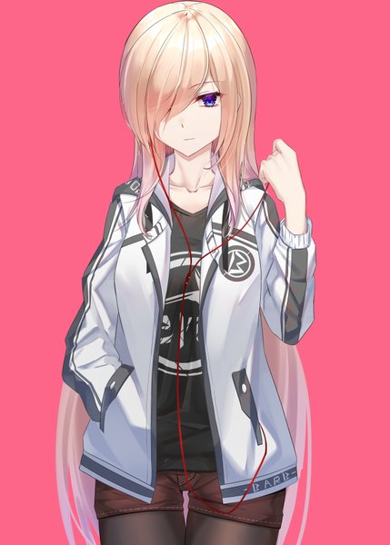 Anime picture 1280x1790 with original eternity (shadeh) single tall image looking at viewer fringe blue eyes simple background blonde hair standing holding upper body long sleeves very long hair light smile hair over one eye open jacket thigh gap pink background hand in pocket