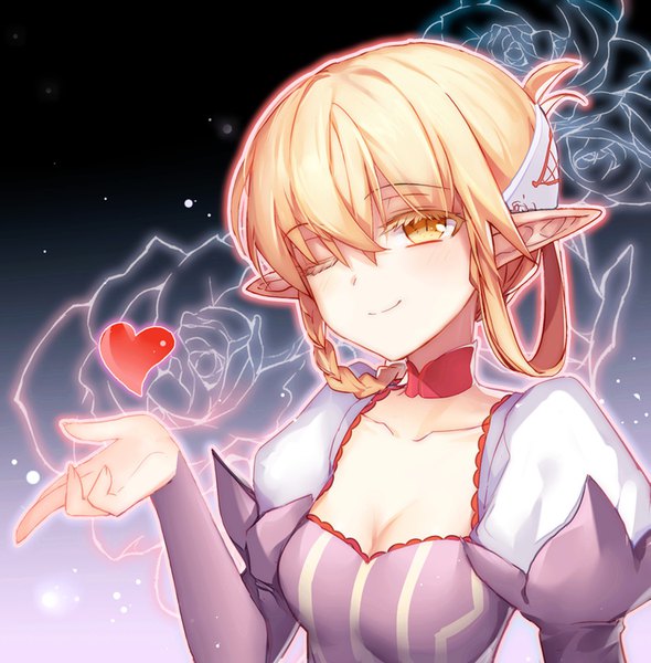Anime picture 1473x1500 with bloodline ruthtria (bloodline) gekka nanako single tall image looking at viewer blush fringe highres short hair breasts blonde hair smile hair between eyes yellow eyes cleavage upper body braid (braids) long sleeves one eye closed
