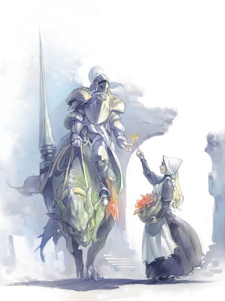 Anime picture 900x1200 with original pomodorosa long hair tall image simple background blonde hair looking away long sleeves fantasy riding knight girl dress flower (flowers) weapon armor apron gift helmet dragon