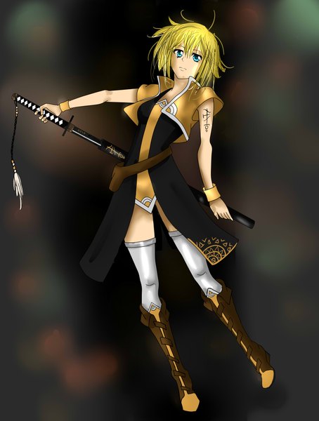 Anime picture 3030x4000 with eriko201 single tall image highres short hair blue eyes blonde hair absurdres tattoo bad proportions girl thighhighs weapon white thighhighs sword boots katana wristlet