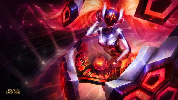 Anime picture 1920x1080 with league of legends sona buvelle michelle hoefener single long hair highres breasts wide image twintails red hair multicolored hair orange hair realistic official art wallpaper gradient hair dj girl bodysuit helmet