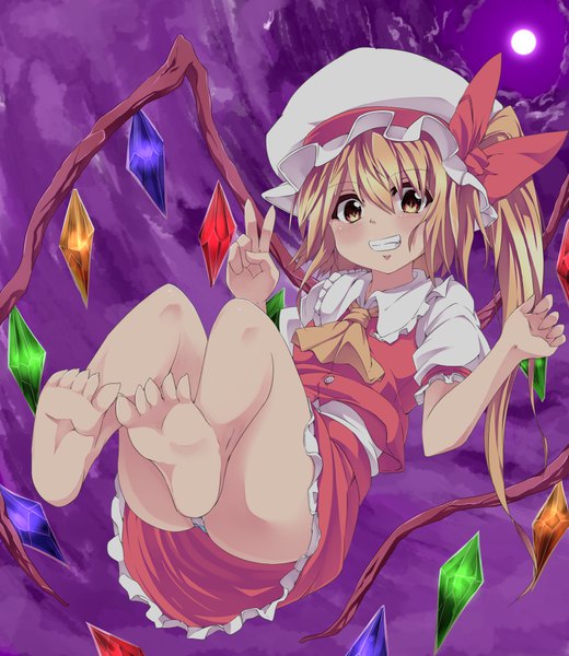 Anime picture 867x1000 with touhou flandre scarlet noa (nagareboshi) single long hair tall image looking at viewer fringe light erotic blonde hair smile brown eyes cloud (clouds) full body short sleeves pantyshot grin one side up victory soles