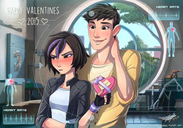 Anime picture 1280x898 with big hero 6 disney tadashi hamada (big hero 6) gogo tomago (big hero 6) jeff-mahadi blush short hair black hair smile brown eyes multicolored hair black eyes open clothes open jacket two-tone hair streaked hair valentine girl boy gloves