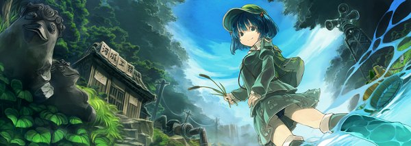 Anime picture 1433x510 with touhou kawashiro nitori kitsune (kazenouta) single looking at viewer short hair blue eyes light erotic smile wide image twintails blue hair sky pantyshot hand on hip short twintails girl plant (plants) tree (trees) water