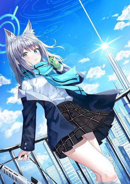 Anime picture 1000x1414 with blue archive shiroko (blue archive) lkeris single long hair tall image looking at viewer blush fringe blue eyes standing holding animal ears payot sky silver hair cloud (clouds) outdoors long sleeves wind