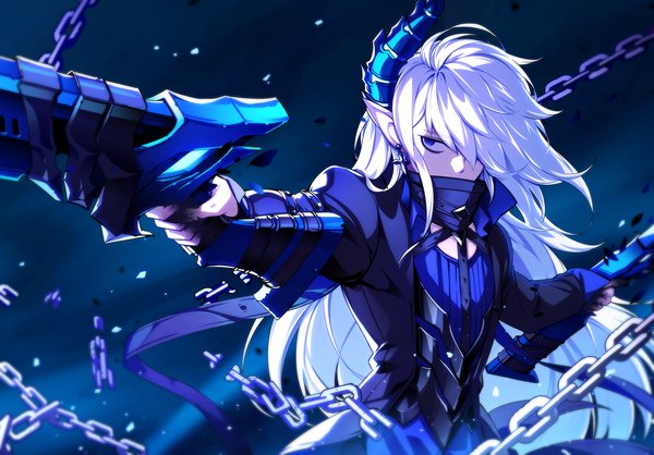 Anime picture 2188x1525 with elsword ciel (elsword) demonio (elsword) hwansang single long hair fringe highres blue eyes looking away white hair horn (horns) pointy ears hair over one eye spread arms covered mouth fighting stance boy weapon earrings