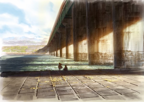 Anime picture 1800x1272 with original yokoya highres brown hair standing sitting sky cloud (clouds) wind from behind sunlight shadow river girl plant (plants) grass bridge