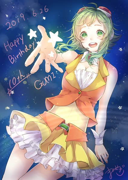 Anime picture 2477x3500 with vocaloid gumi mai mugi single tall image highres short hair open mouth green eyes cleavage ahoge :d green hair teeth character names dated outstretched hand sunglasses on head happy birthday girl
