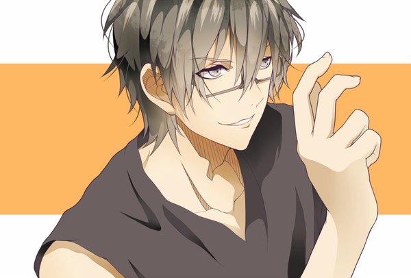 Anime picture 900x609 with kuroko no basket production i.g imayoshi shouichi myua single short hair simple background smile looking away from above grey hair sleeveless silver eyes boy glasses